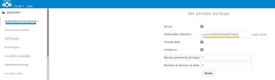 Nextcloud backup Funktion