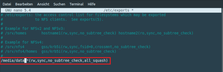 Raspberry Pi als NAS, exports Datei