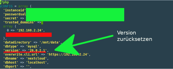Nextcloud Update, Version zurücksetzen