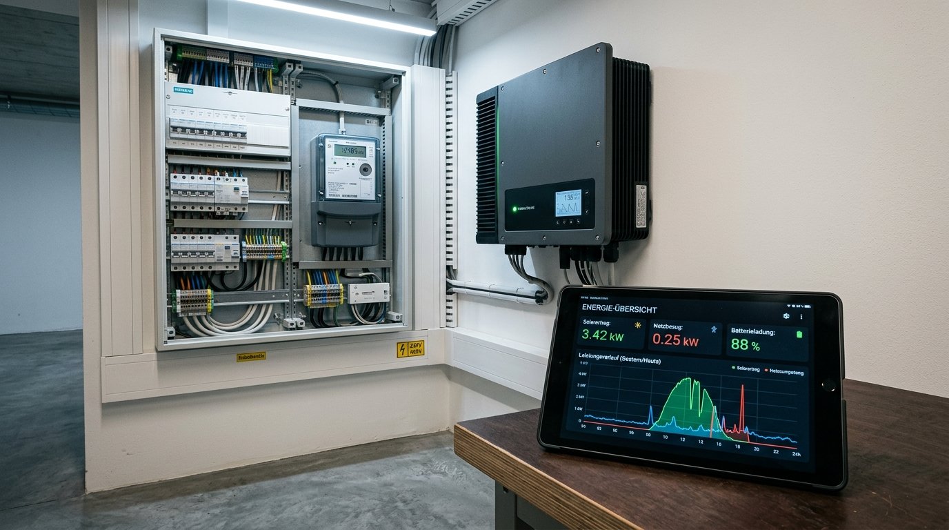 Schaltschrank mit Stromzaehler und Home Assistant Energiedashboard auf Tablet